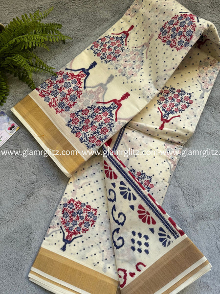 Printed work kerala cotton saree