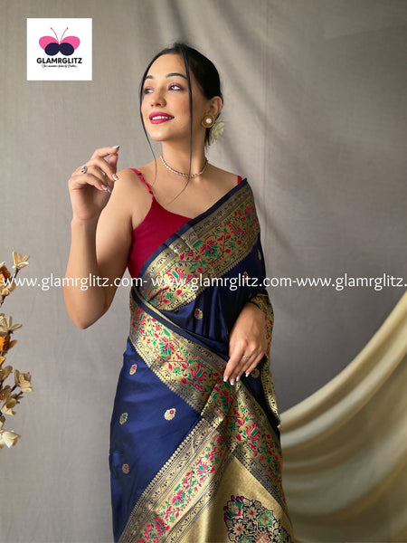 NAVY BLUE PURE PAITHANI SILK SAREE