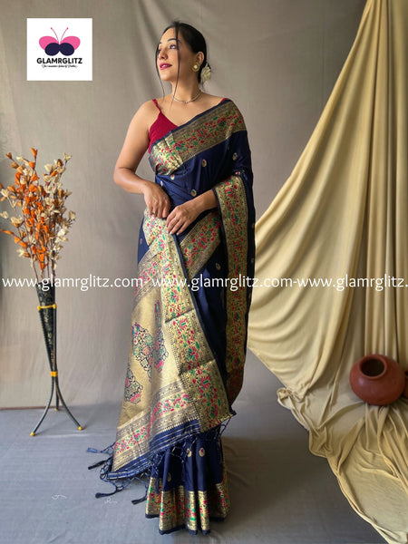 NAVY BLUE PURE PAITHANI SILK SAREE