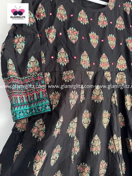 Elegant Black Long cotton Anarkali with Red Dupatta