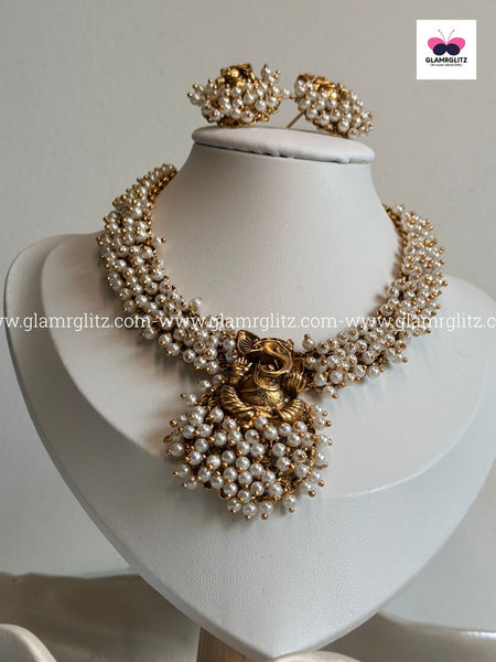 Ganesha Necklace Set with Bead Work with  Earrings
