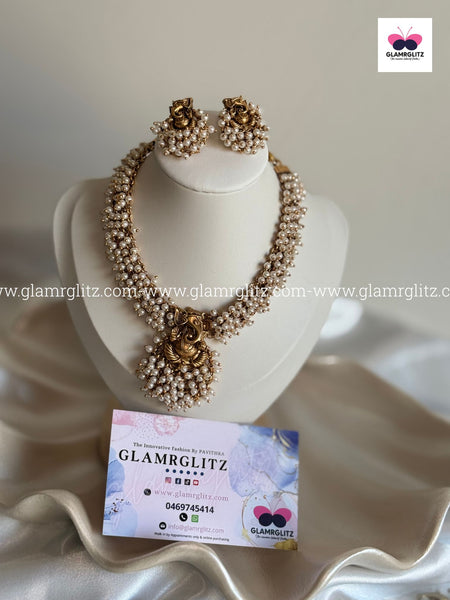 Ganesha Necklace Set with Bead Work with  Earrings