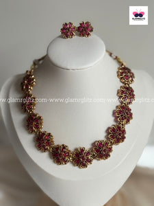 Floral Red Stone Necklace Set with Earrings