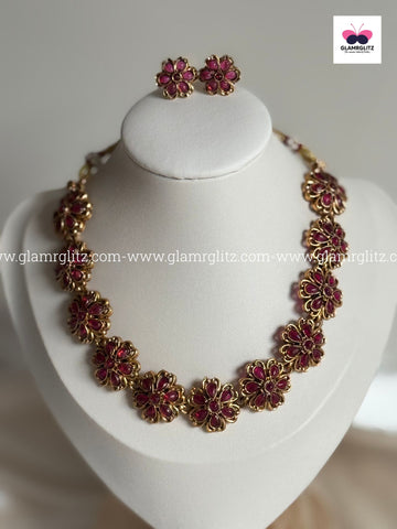 Floral Red Stone Necklace Set with Earrings