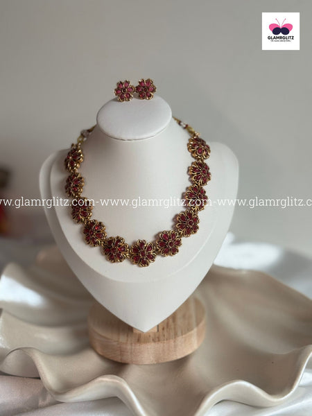 Floral Red Stone Necklace Set with Earrings