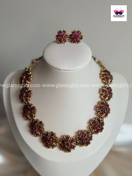 Floral Red Stone Necklace Set with Earrings