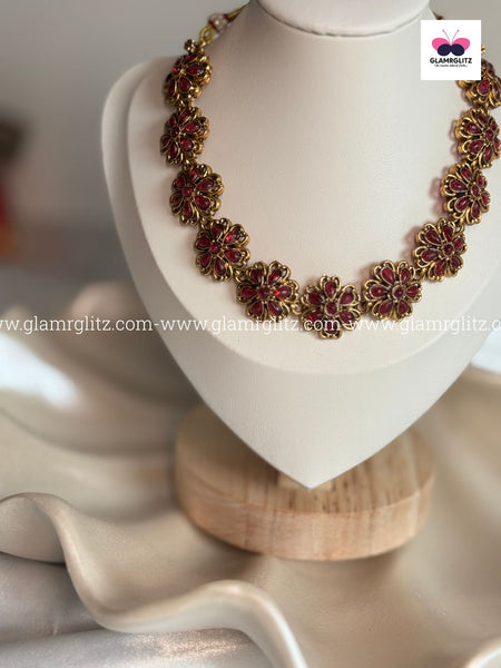 Floral Red Stone Necklace Set with Earrings