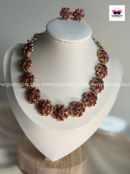 Floral Red Stone Necklace Set with Earrings