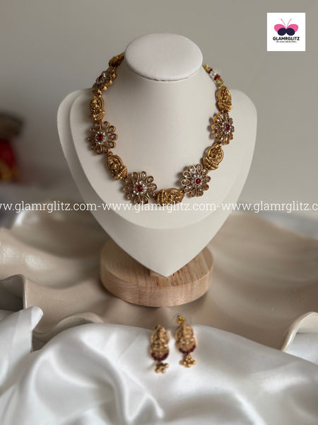 LaxLaxmi Necklace Set with Floral Design with Stud Earrings