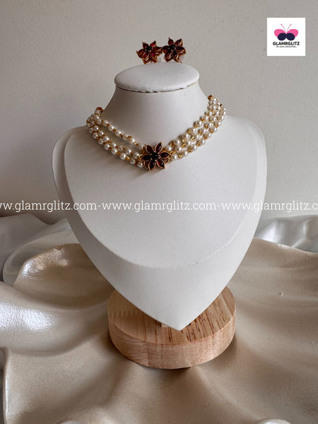 3-Layer Pearl Choker with Floral Pendant
