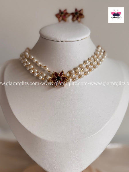3-Layer Pearl Choker with Floral Pendant