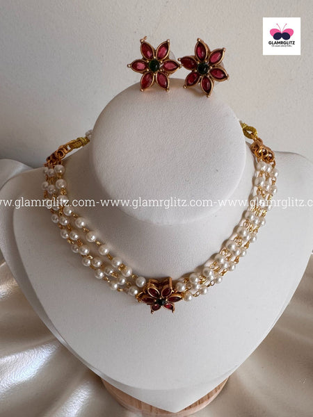 3-Layer Pearl Choker with Floral Pendant