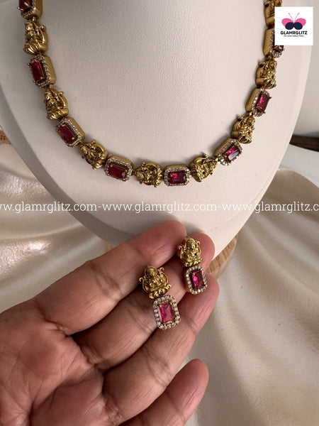 Laxmi Motif Choker with Pink Stone – Matte Gold Finish