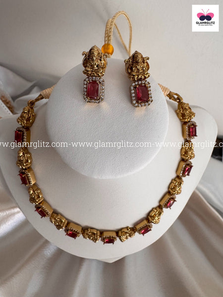 Laxmi Motif Choker with Pink Stone – Matte Gold Finish