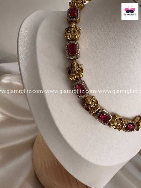Laxmi Motif Choker with Pink Stone – Matte Gold Finish