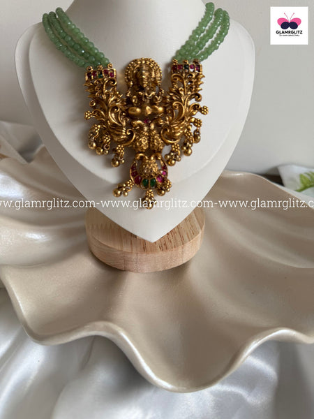 Laxmi 3-Layer Long Haram with Green Beads & Jhumkas