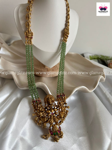 Laxmi 3-Layer Long Haram with Green Beads & Jhumkas