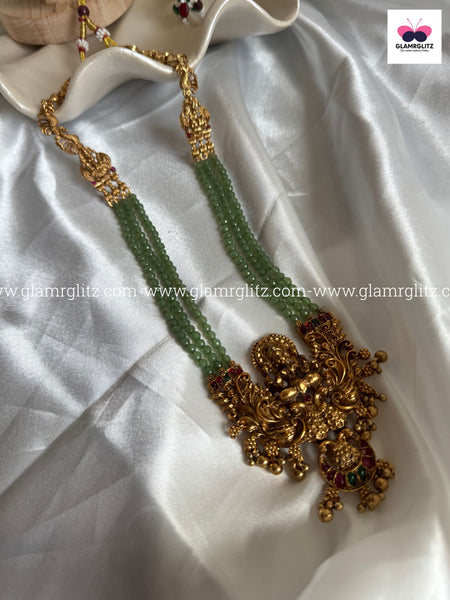 Laxmi 3-Layer Long Haram with Green Beads & Jhumkas