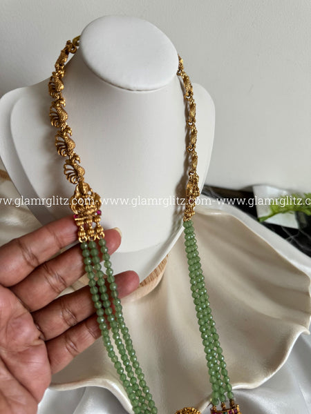 Laxmi 3-Layer Long Haram with Green Beads & Jhumkas