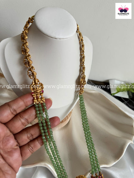 Laxmi 3-Layer Long Haram with Green Beads & Jhumkas