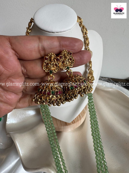 Laxmi 3-Layer Long Haram with Green Beads & Jhumkas