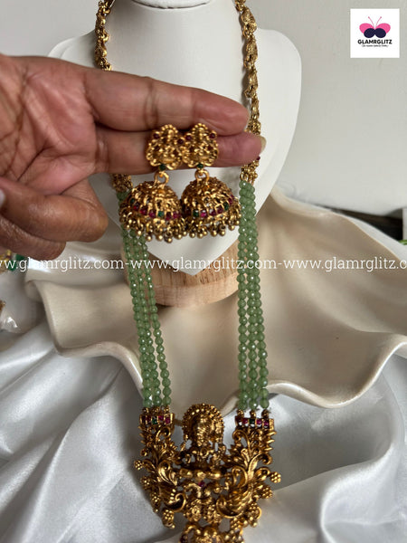 Laxmi 3-Layer Long Haram with Green Beads & Jhumkas