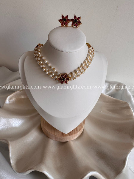 3-Layer Pearl Choker with Floral Pendant
