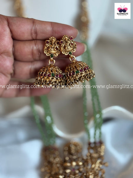 Laxmi 3-Layer Long Haram with Green Beads & Jhumkas