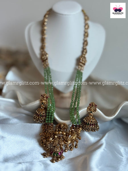 Laxmi 3-Layer Long Haram with Green Beads & Jhumkas