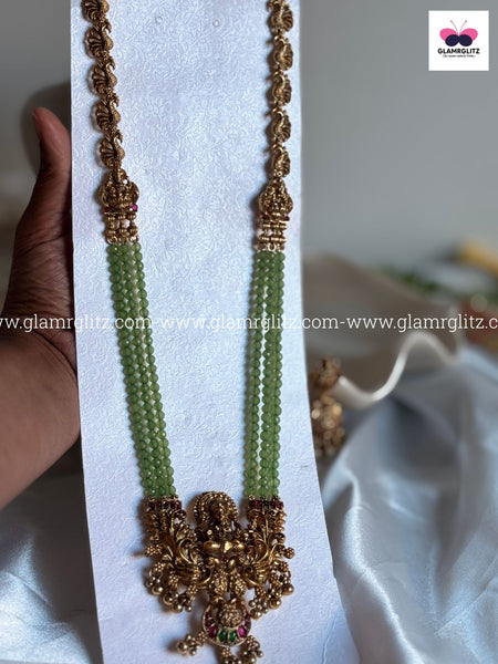 Laxmi 3-Layer Long Haram with Green Beads & Jhumkas