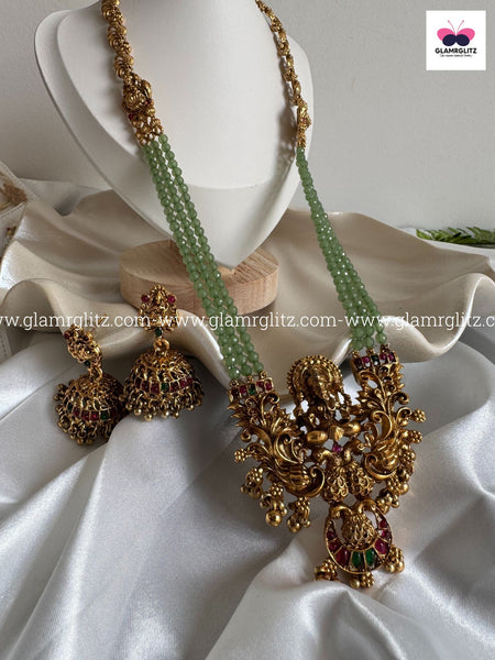 Laxmi 3-Layer Long Haram with Green Beads & Jhumkas