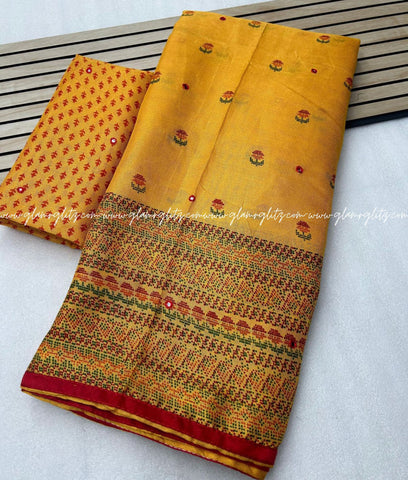 Linen Jute Silk Saree with Foil Mirror Work
