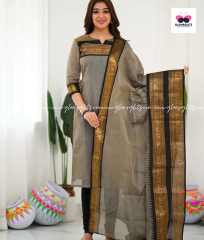 Silk Cotton Kurti and Dupatta Set with Intricate Weaving Work