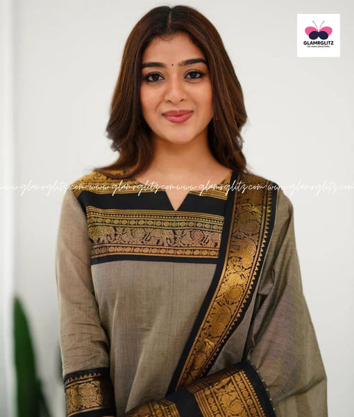 Silk Cotton Kurti and Dupatta Set with Intricate Weaving Work