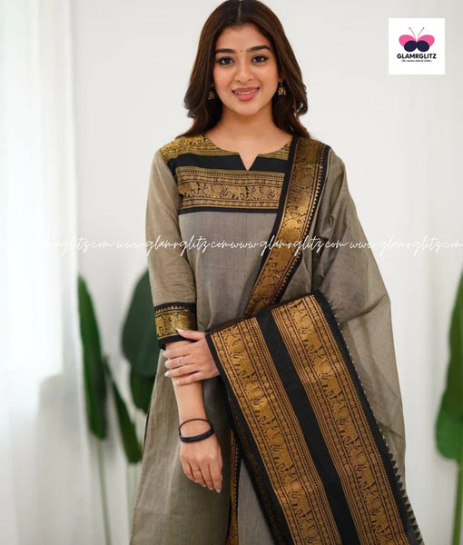 Silk Cotton Kurti and Dupatta Set with Intricate Weaving Work